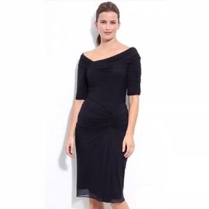 TADASHI‎ SHOJI Black Dress Asymmetric-Neck Ruched Pleated Mesh 3/4 Sleeve Sz M